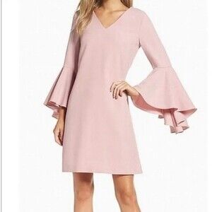 ELIZA J 8 Pink Blush Ruffle V-Neck 3/4‎ Bell Sleeve Crepe Shift Sheath Dress